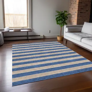 8' X 10' Tan Striped Washable Non Skid Indoor Outdoor Area Rug