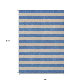 9' X 12' Tan Striped Washable Non Skid Indoor Outdoor Area Rug