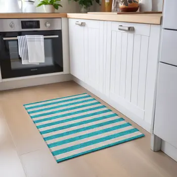 2' X 3' Turquoise Striped Washable Non Skid Indoor Outdoor Area Rug