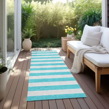 8' Runner Turquoise Striped Washable Non Skid Indoor Outdoor Runner Rug