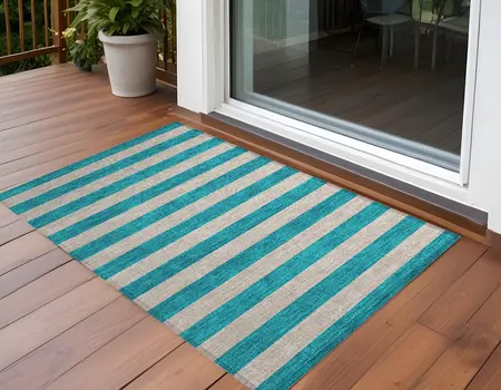 3' X 5' Turquoise Striped Washable Non Skid Indoor Outdoor Area Rug
