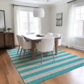 3' X 5' Turquoise Striped Washable Non Skid Indoor Outdoor Area Rug