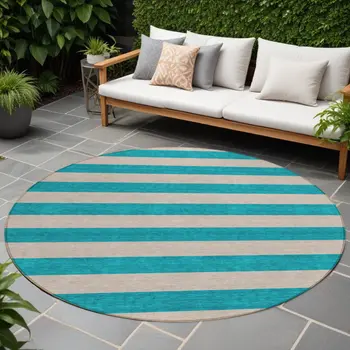 8' Round Turquoise Round Striped Washable Non Skid Indoor Outdoor Area Rug