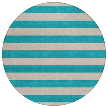8' Round Turquoise Round Striped Washable Non Skid Indoor Outdoor Area Rug