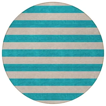 8' Round Turquoise Round Striped Washable Non Skid Indoor Outdoor Area Rug