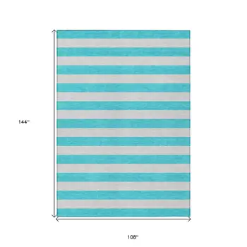 9' X 12' Turquoise Striped Washable Non Skid Indoor Outdoor Area Rug