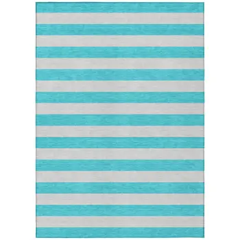 9' X 12' Turquoise Striped Washable Non Skid Indoor Outdoor Area Rug