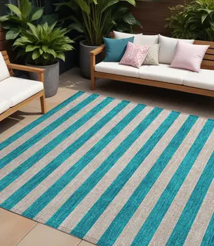 10' X 14' Turquoise Striped Washable Non Skid Indoor Outdoor Area Rug