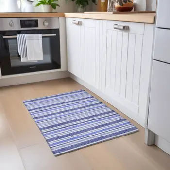2' X 3' Blue Striped Washable Non Skid Indoor Outdoor Area Rug
