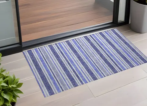 2' X 3' Blue Striped Washable Non Skid Indoor Outdoor Area Rug