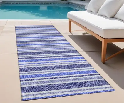 2' X 8' Blue Striped Washable Indoor Outdoor Runner Rug