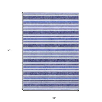 5' X 8' Blue Striped Washable Non Skid Indoor Outdoor Area Rug