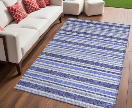 5' X 8' Blue Striped Washable Non Skid Indoor Outdoor Area Rug