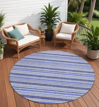 8' Round Blue Round Striped Washable Non Skid Indoor Outdoor Area Rug