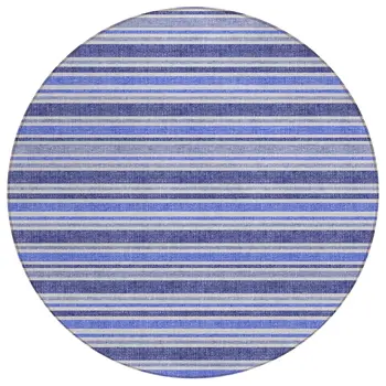 8' Round Blue Round Striped Washable Non Skid Indoor Outdoor Area Rug