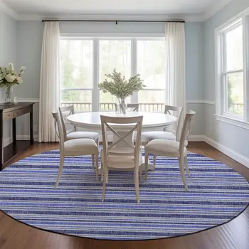 8' Round Blue Round Striped Washable Non Skid Indoor Outdoor Area Rug