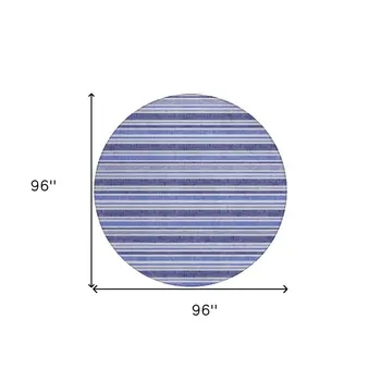 8' Round Blue Round Striped Washable Non Skid Indoor Outdoor Area Rug