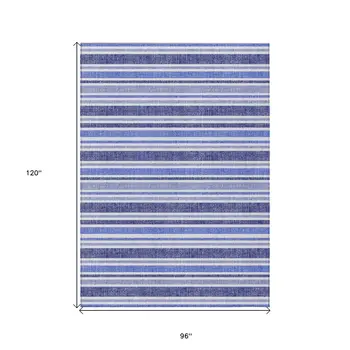 8' X 10' Blue Striped Washable Non Skid Indoor Outdoor Area Rug