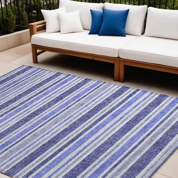 10' X 14' Blue Striped Washable Non Skid Indoor Outdoor Area Rug