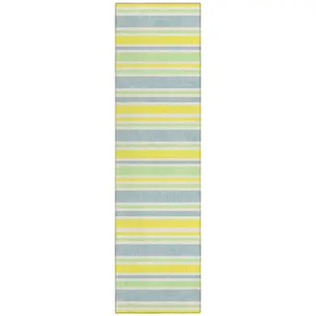 2' X 8' Blue and Yellow Striped Washable Indoor Outdoor Runner Rug
