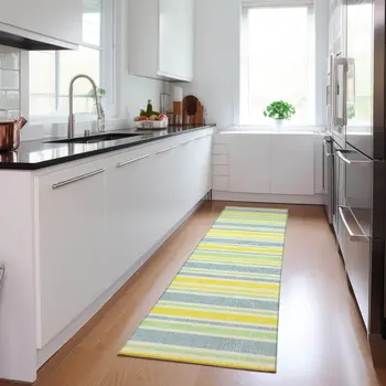 2' X 8' Blue and Yellow Striped Washable Indoor Outdoor Runner Rug