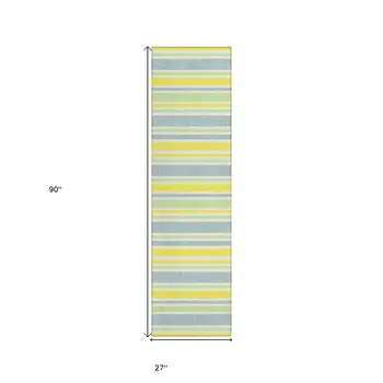 2' X 8' Blue and Yellow Striped Washable Indoor Outdoor Runner Rug