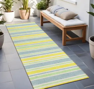 2' X 8' Blue and Yellow Striped Washable Indoor Outdoor Runner Rug