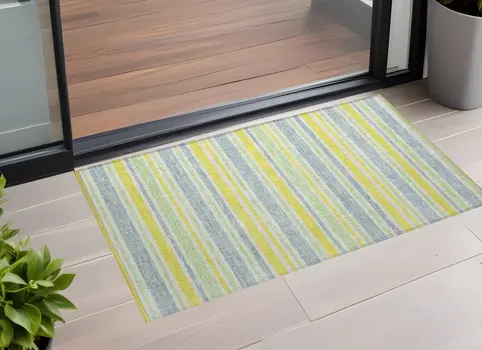 3' X 5' Blue and Yellow Striped Washable Non Skid Indoor Outdoor Area Rug