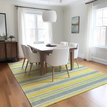 5' X 8' Blue and Yellow Striped Washable Non Skid Indoor Outdoor Area Rug