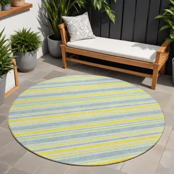 8' Round Blue and Yellow Round Striped Washable Non Skid Indoor Outdoor Area Rug