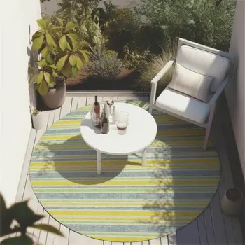 8' Round Blue and Yellow Round Striped Washable Non Skid Indoor Outdoor Area Rug