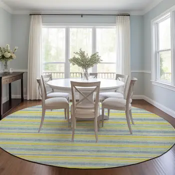 8' Round Blue and Yellow Round Striped Washable Non Skid Indoor Outdoor Area Rug