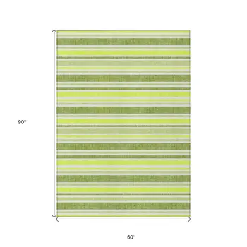 5' X 8' Green and Yellow Striped Washable Non Skid Indoor Outdoor Area Rug