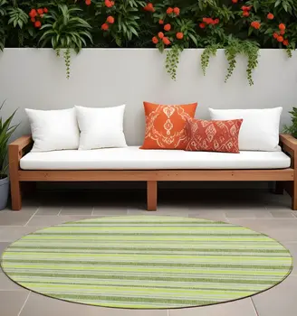 8' Round Green and Yellow Round Striped Washable Non Skid Indoor Outdoor Area Rug