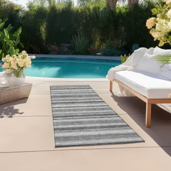 2' X 8' Gray and Black Striped Washable Indoor Outdoor Runner Rug