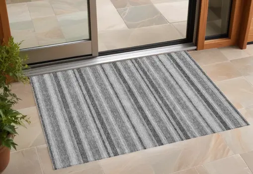 3' X 5' Gray and Black Striped Washable Non Skid Indoor Outdoor Area Rug