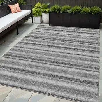 5' X 8' Gray and Black Striped Washable Non Skid Indoor Outdoor Area Rug