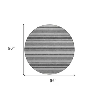 8' Round Gray and Black Round Striped Washable Non Skid Indoor Outdoor Area Rug