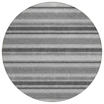 8' Round Gray and Black Round Striped Washable Non Skid Indoor Outdoor Area Rug