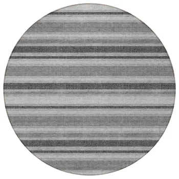 8' Round Gray and Black Round Striped Washable Non Skid Indoor Outdoor Area Rug