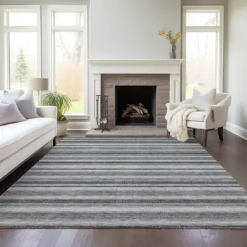 9' X 12' Gray and Black Striped Washable Indoor Outdoor Area Rug