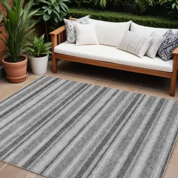 10' X 14' Gray and Black Striped Washable Non Skid Indoor Outdoor Area Rug