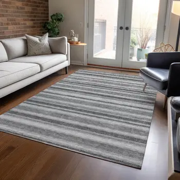 10' X 14' Gray and Black Striped Washable Non Skid Indoor Outdoor Area Rug