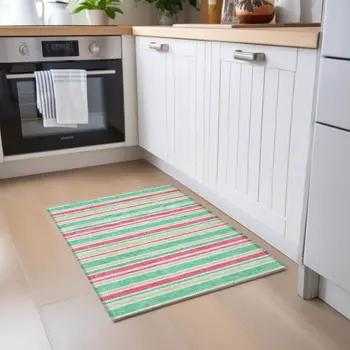 2' X 3' Green Striped Washable Non Skid Indoor Outdoor Area Rug