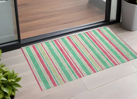 2' X 3' Green Striped Washable Non Skid Indoor Outdoor Area Rug
