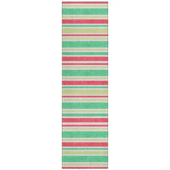 2' X 8' Red Green and White Striped Washable Non Skid Indoor Outdoor Area Rug