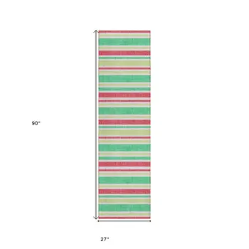 2' X 8' Red Green and White Striped Washable Non Skid Indoor Outdoor Area Rug