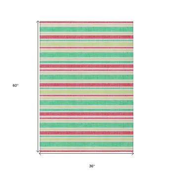 3' X 5' Green Striped Washable Non Skid Indoor Outdoor Area Rug