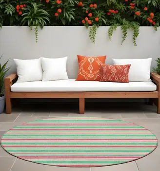 8' Round Green Round Striped Washable Non Skid Indoor Outdoor Area Rug