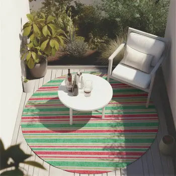 8' Round Green Round Striped Washable Non Skid Indoor Outdoor Area Rug